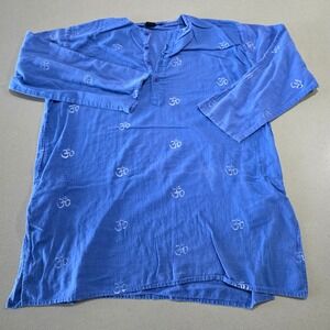 India Arts Blue Om Print Cotton Henley Tunic Boho Yoga Meditation Shirt Mens M